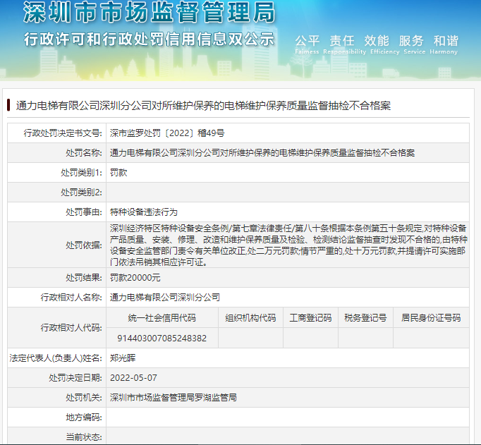 罰款2萬(wàn)元！通力電梯有限公司深圳分公司被處罰